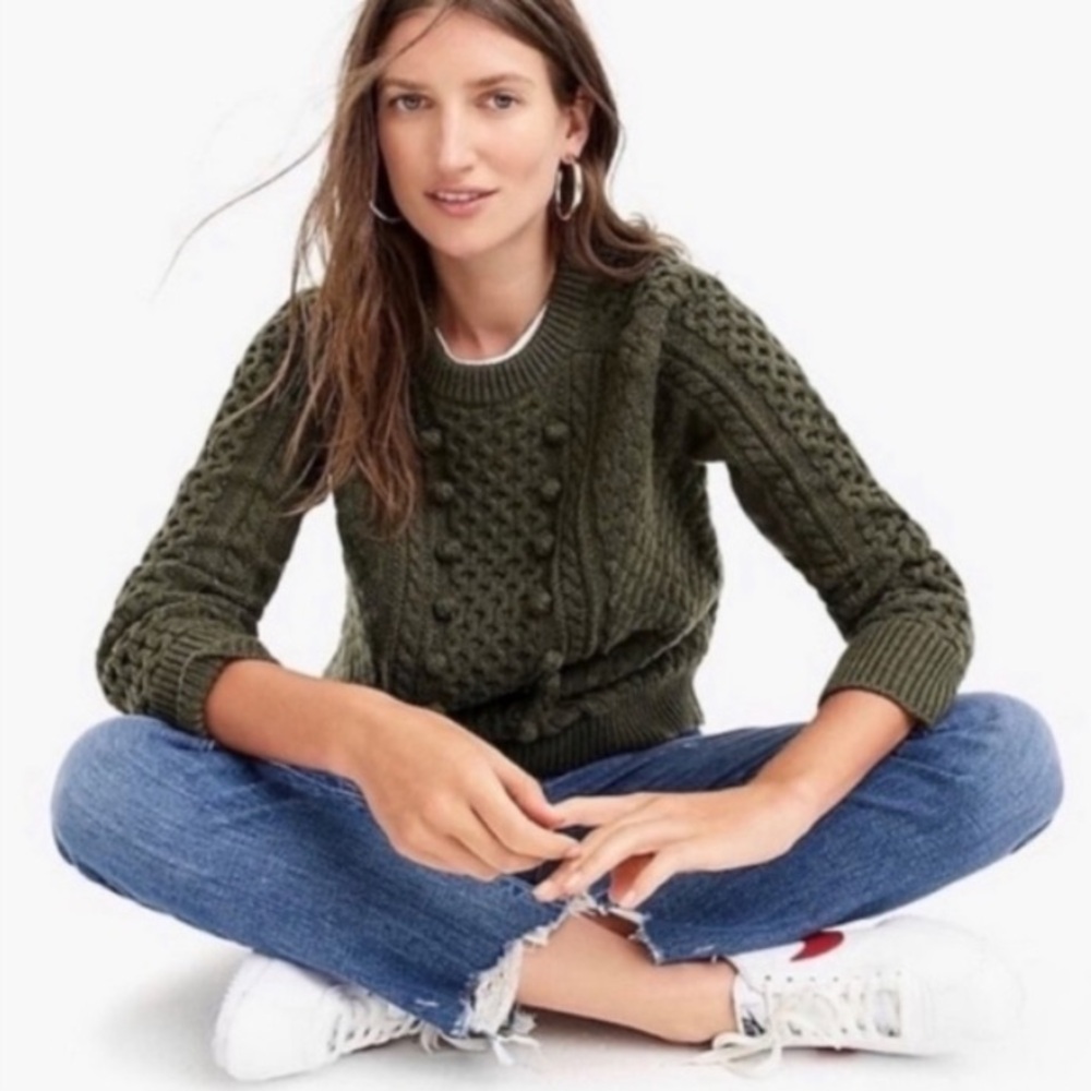 J. Crew Cable Pullover Pom Pom Green Chunky Knit Sweater, Size XS